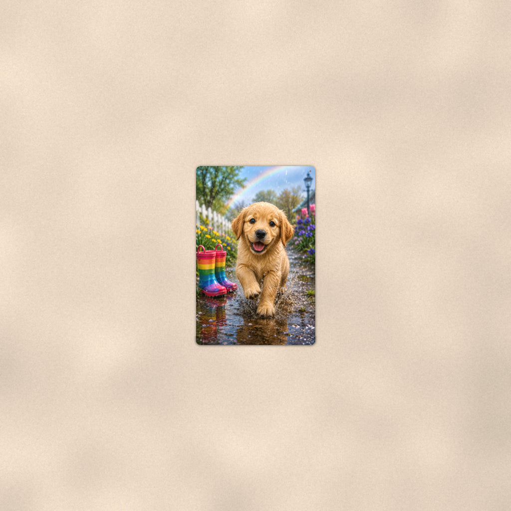 Puppy and the Rainbow Boots aluminum metal sign 8" x 12" - room view on warm wall