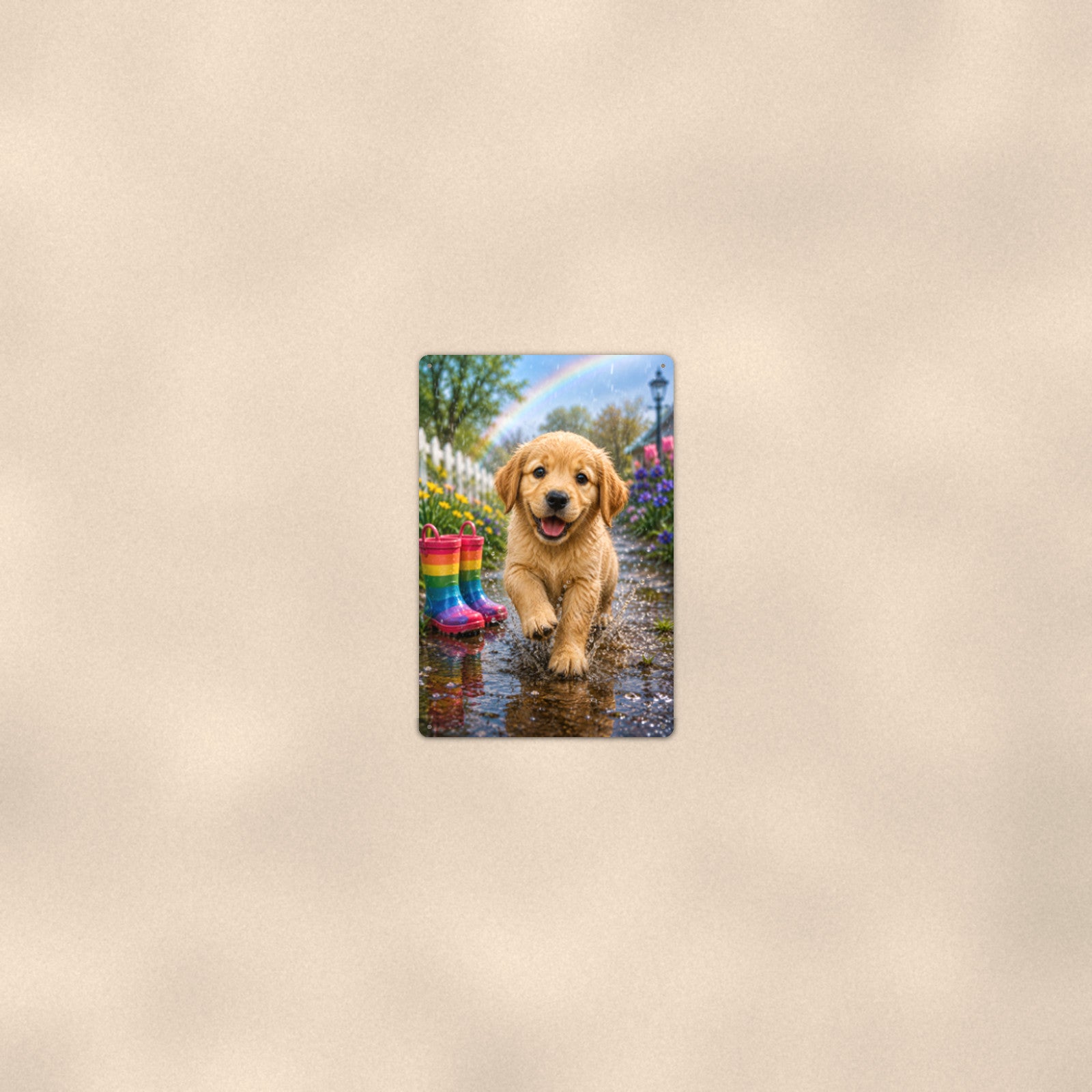 Puppy and the Rainbow Boots aluminum metal sign 8" x 12" - room view on warm wall