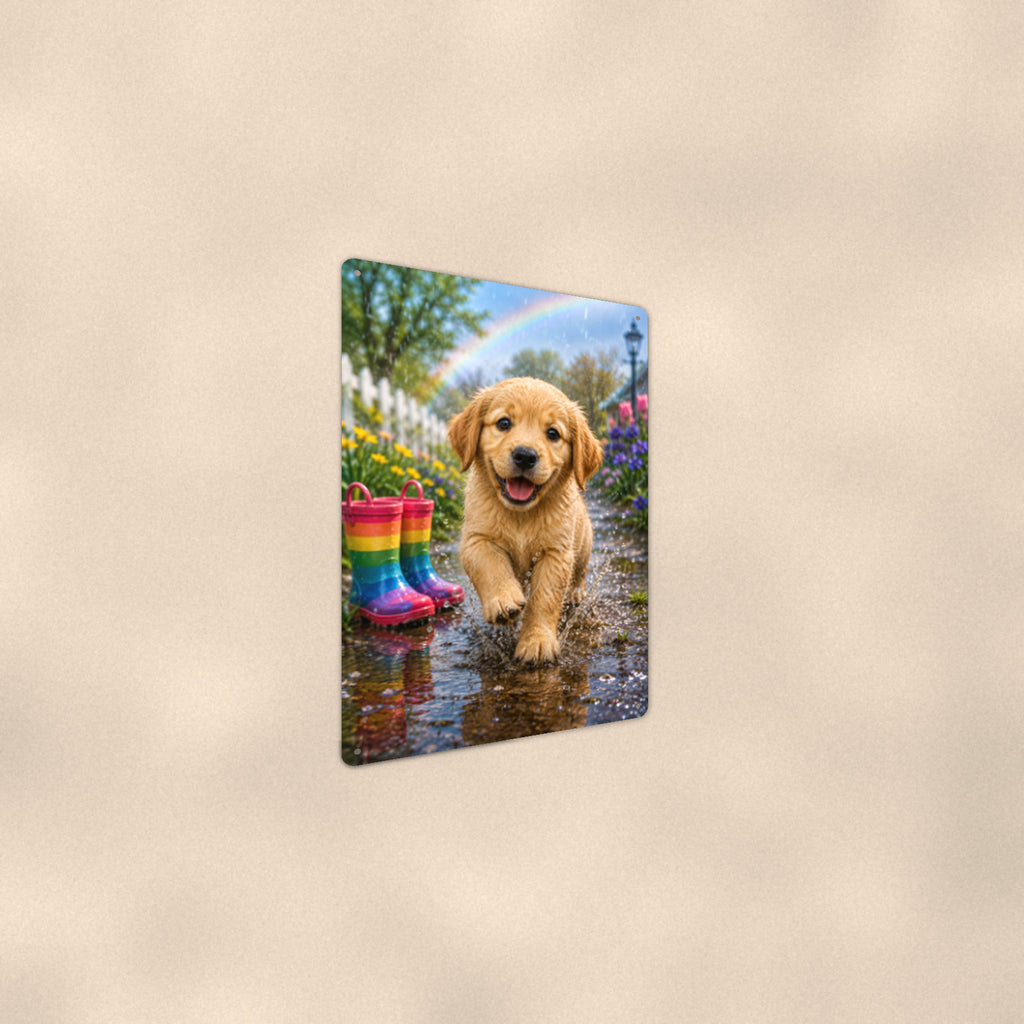 Puppy and the Rainbow Boots aluminum metal sign 8" x 12" - angled wall view from a wider angle