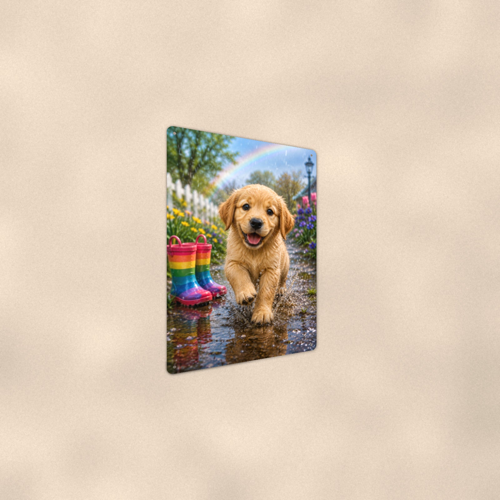 Puppy and the Rainbow Boots aluminum metal sign 8" x 12" - angled wall view from a wider angle