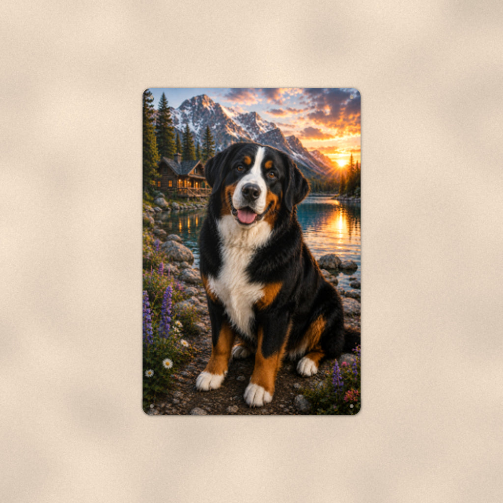 Bernese Mountain Dog at the Cabin aluminum metal sign 8" x 12" - front view on warm wall