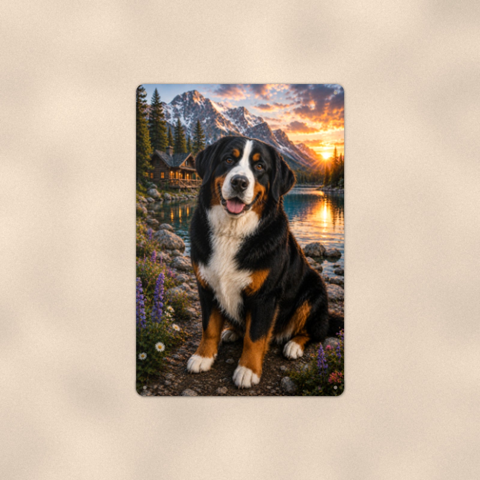 Bernese Mountain Dog at the Cabin aluminum metal sign 8" x 12" - front view on warm wall