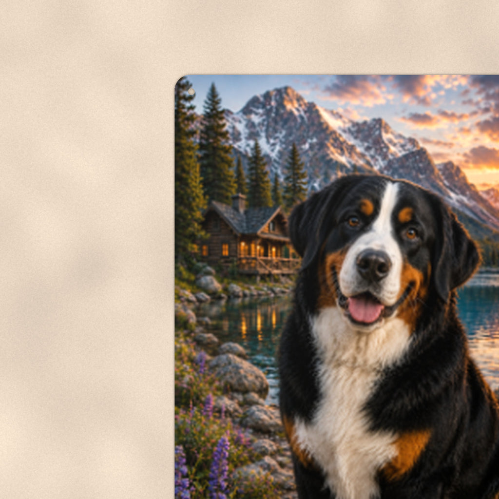 Bernese Mountain Dog at the Cabin aluminum metal sign 8" x 12" - close-up view of the printed artwork