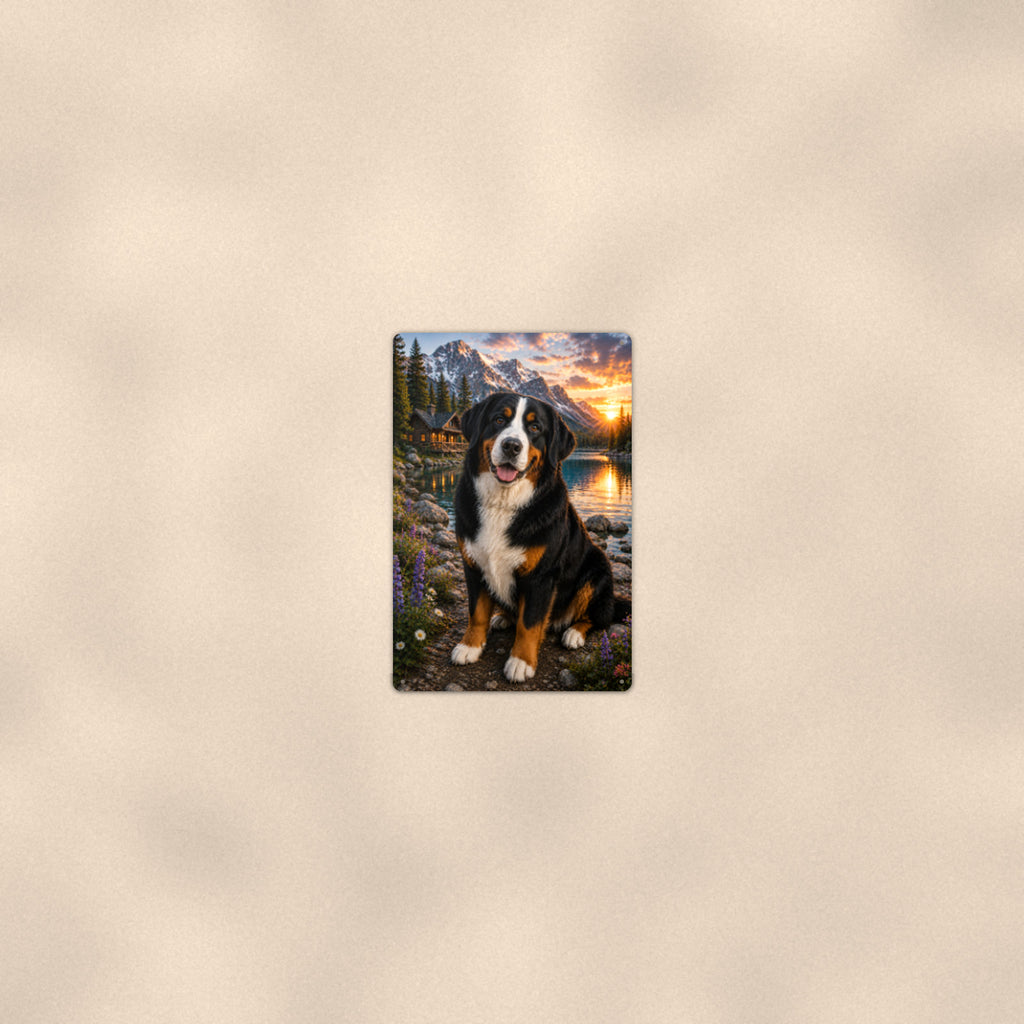 Bernese Mountain Dog at the Cabin aluminum metal sign 8" x 12" - room view on warm wall