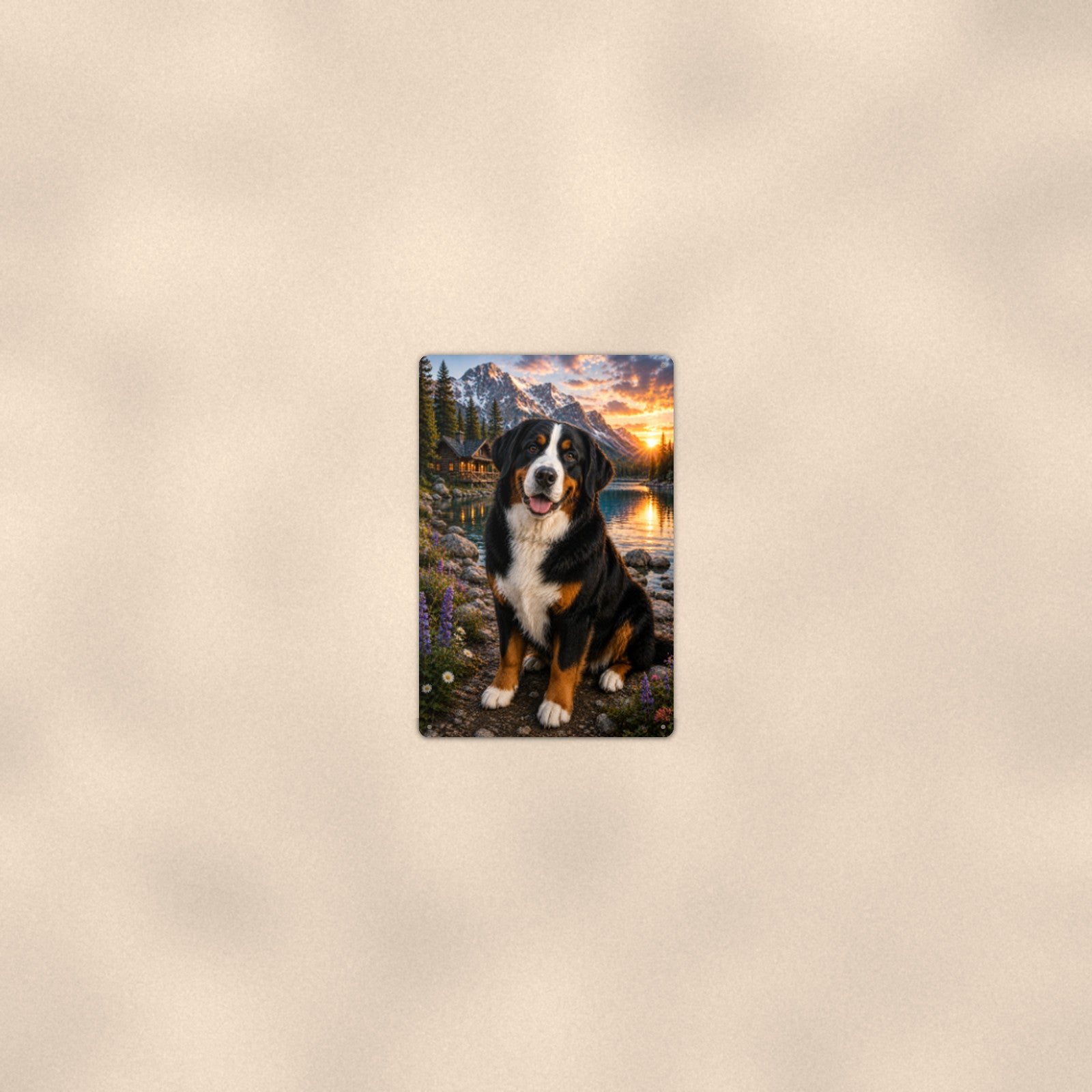 Bernese Mountain Dog at the Cabin aluminum metal sign 8" x 12" - room view on warm wall
