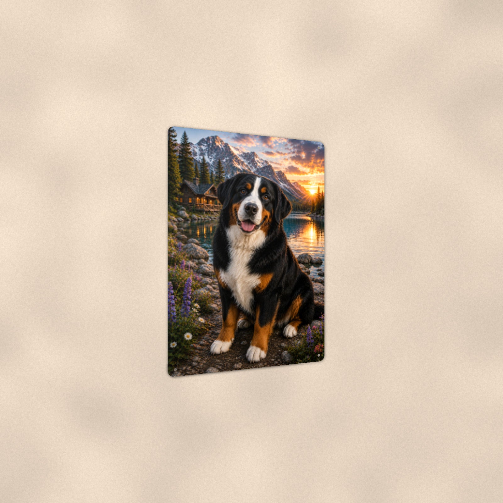Bernese Mountain Dog at the Cabin aluminum metal sign 8" x 12" - angled view showing glossy finish