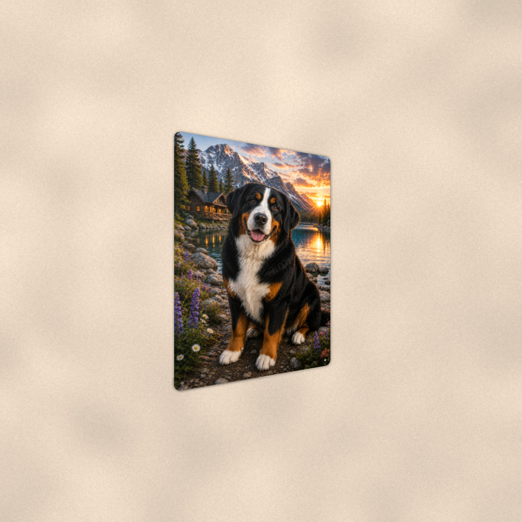 Bernese Mountain Dog at the Cabin aluminum metal sign 8" x 12" - angled wall view from a wider angle