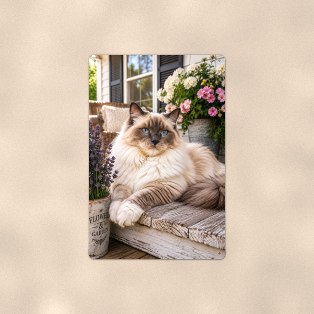Ragdoll on the Porch Bench aluminum metal sign 8" x 12" - front view on warm wall