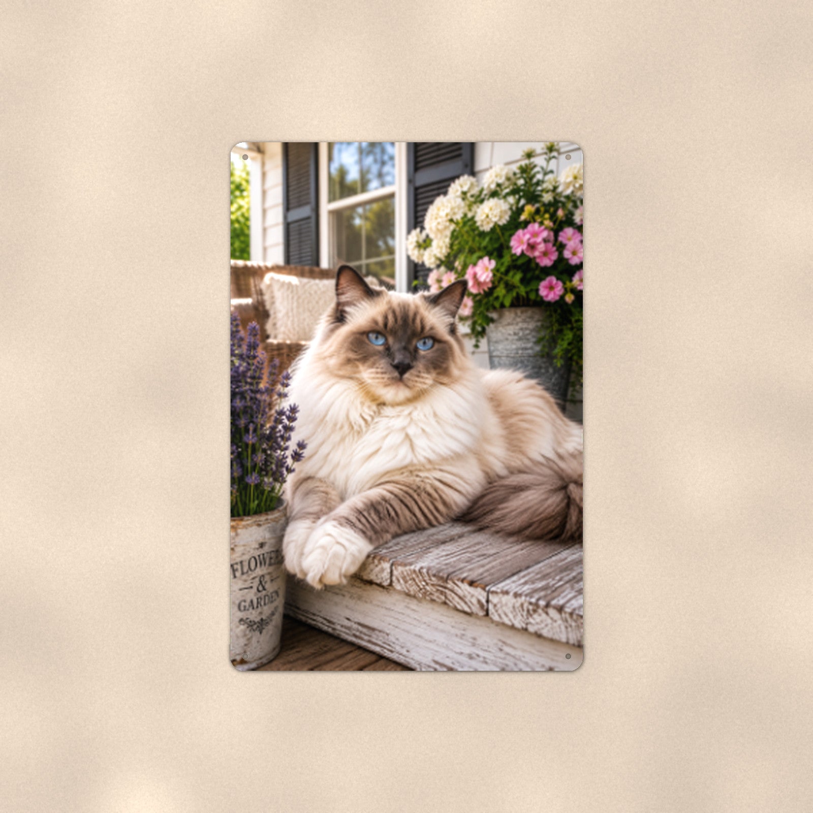 Ragdoll on the Porch Bench aluminum metal sign 8" x 12" - front view on warm wall