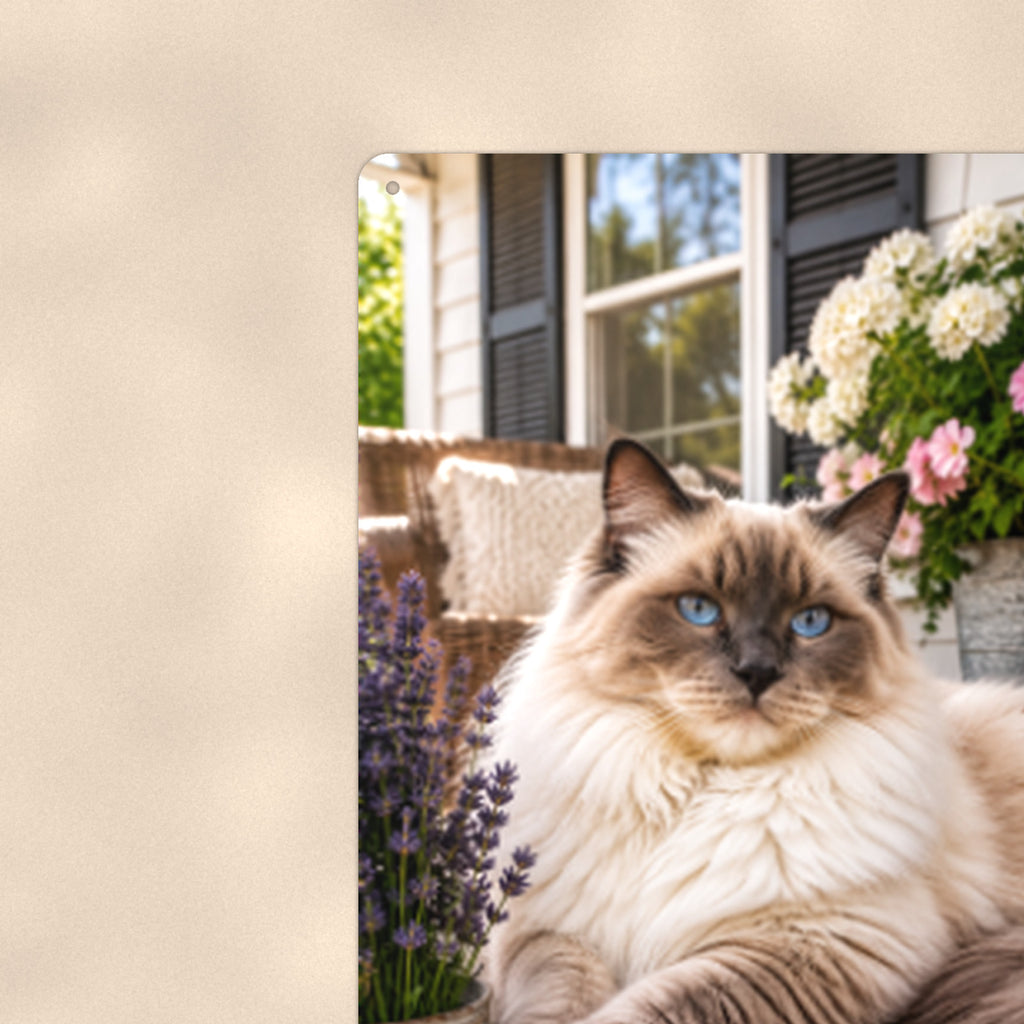 Ragdoll on the Porch Bench aluminum metal sign 8" x 12" - close-up view of the printed artwork