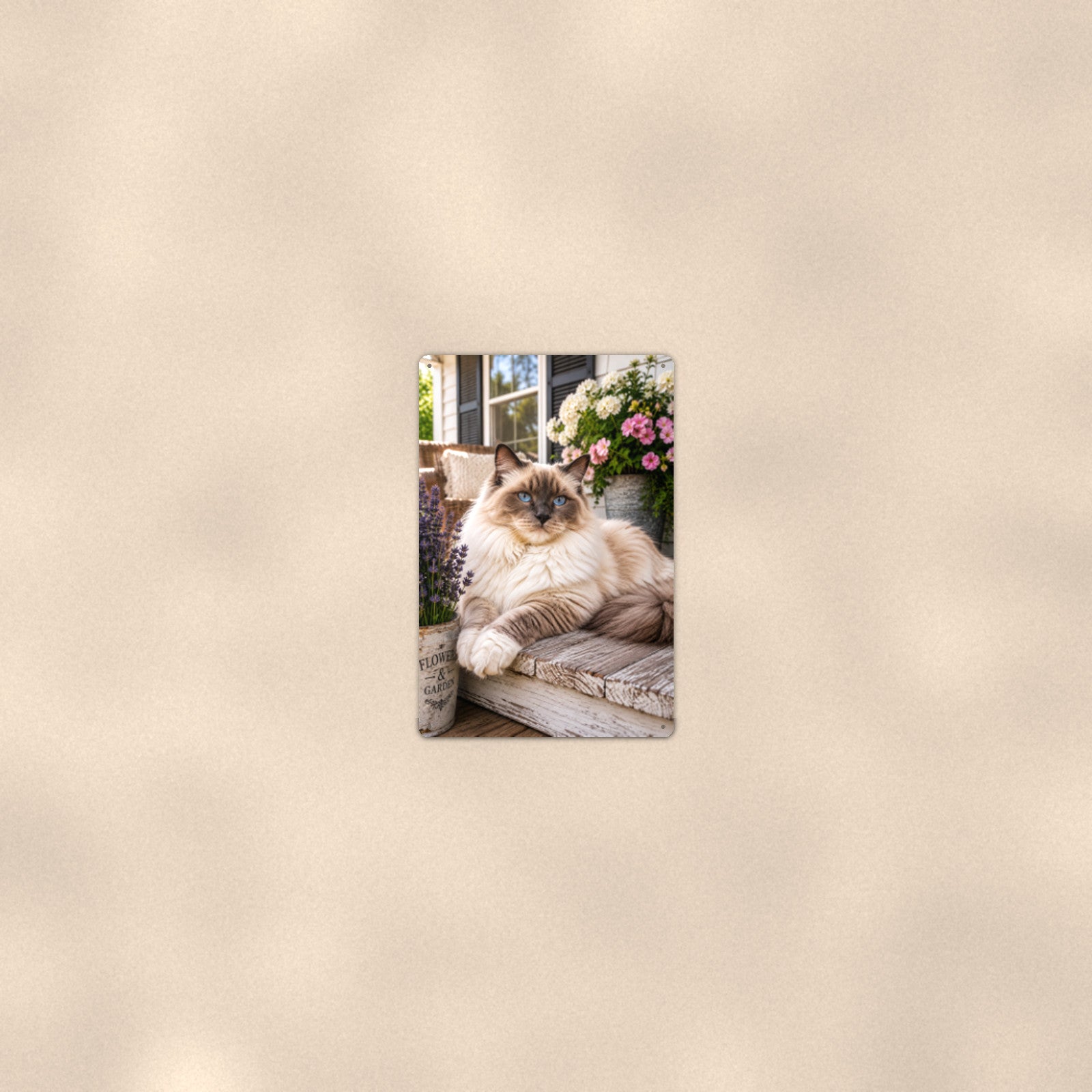Ragdoll on the Porch Bench aluminum metal sign 8" x 12" - room view on warm wall