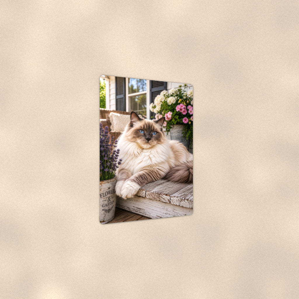 Ragdoll on the Porch Bench aluminum metal sign 8" x 12" - angled view showing glossy finish