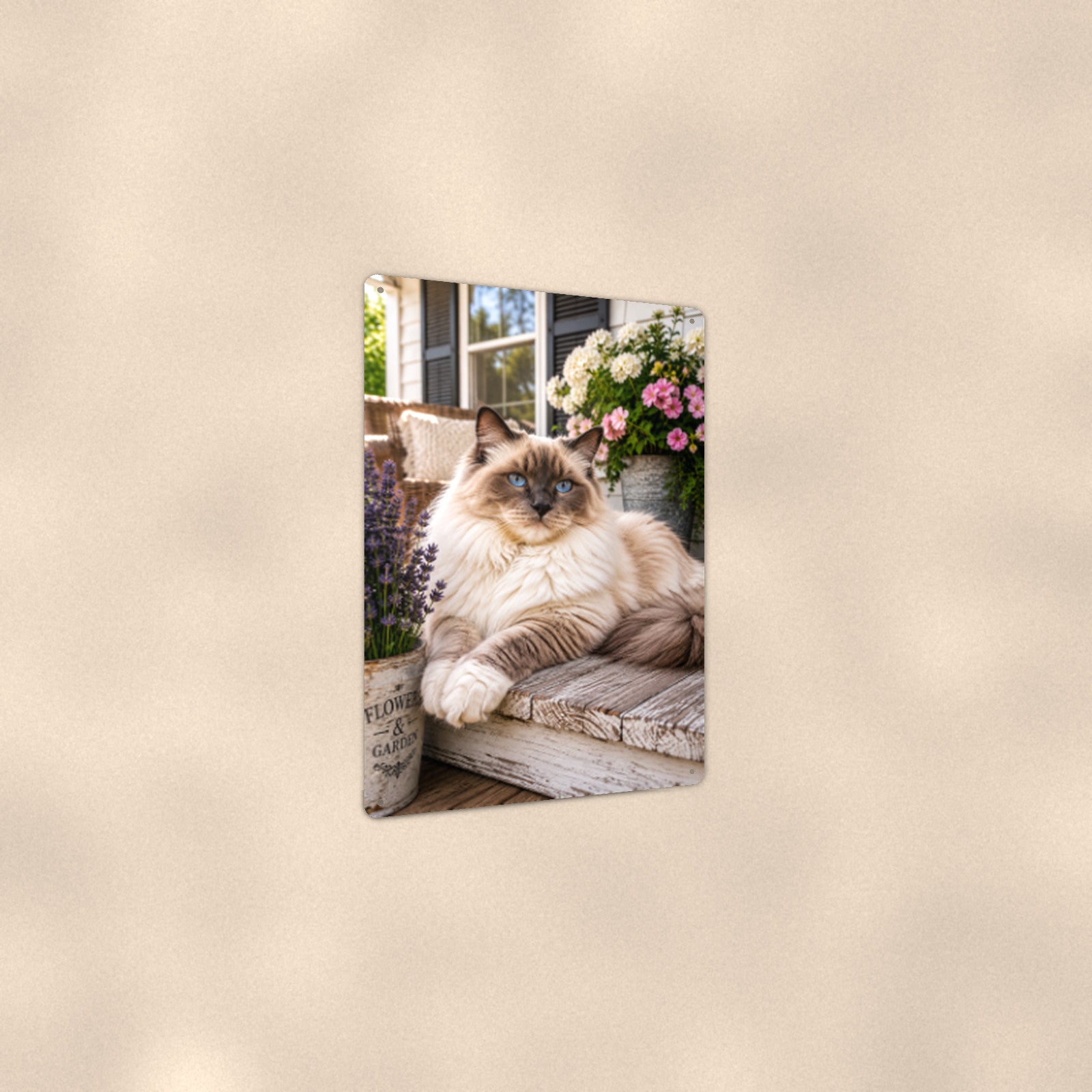 Ragdoll on the Porch Bench aluminum metal sign 8" x 12" - angled view showing glossy finish