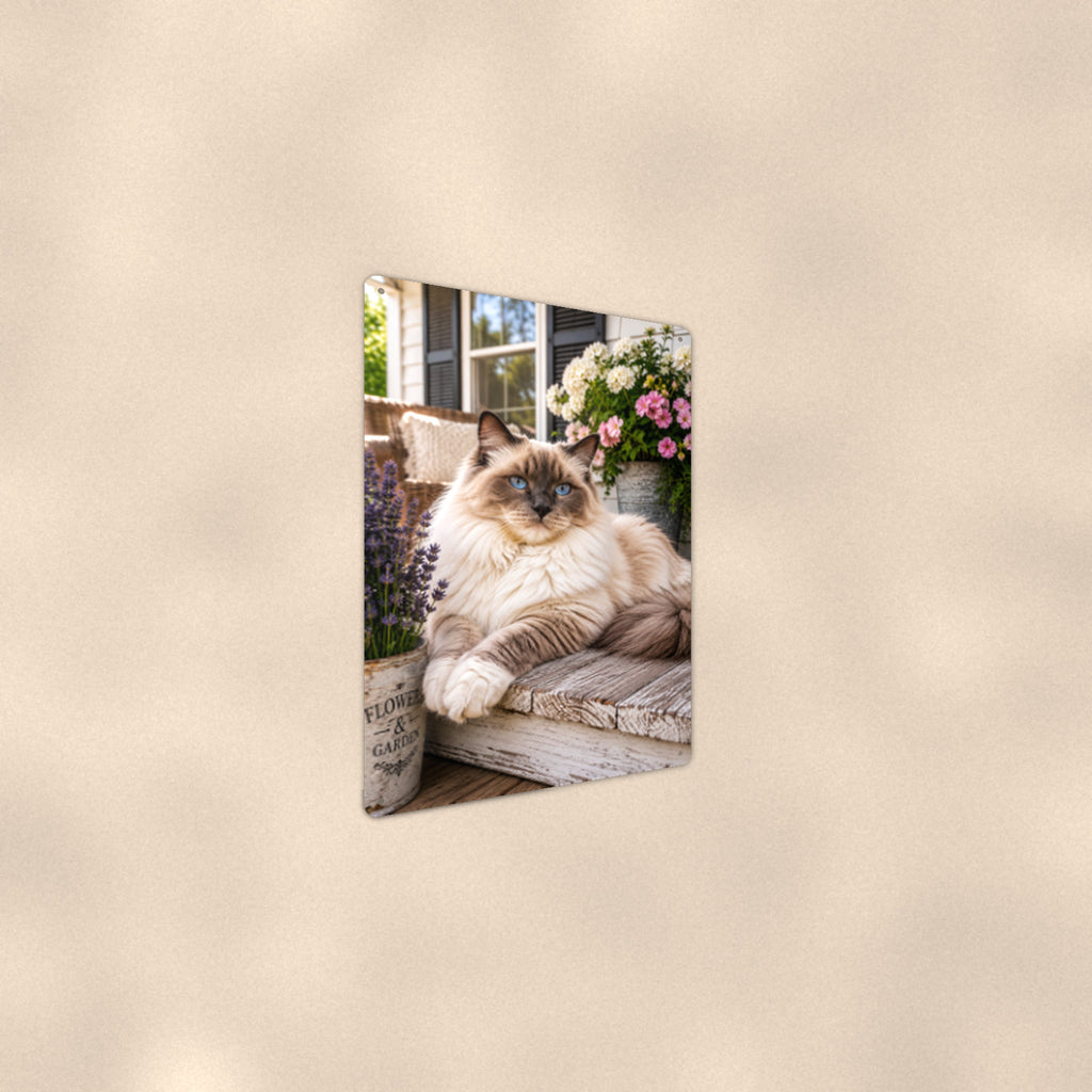 Ragdoll on the Porch Bench aluminum metal sign 8" x 12" - angled wall view from a wider angle