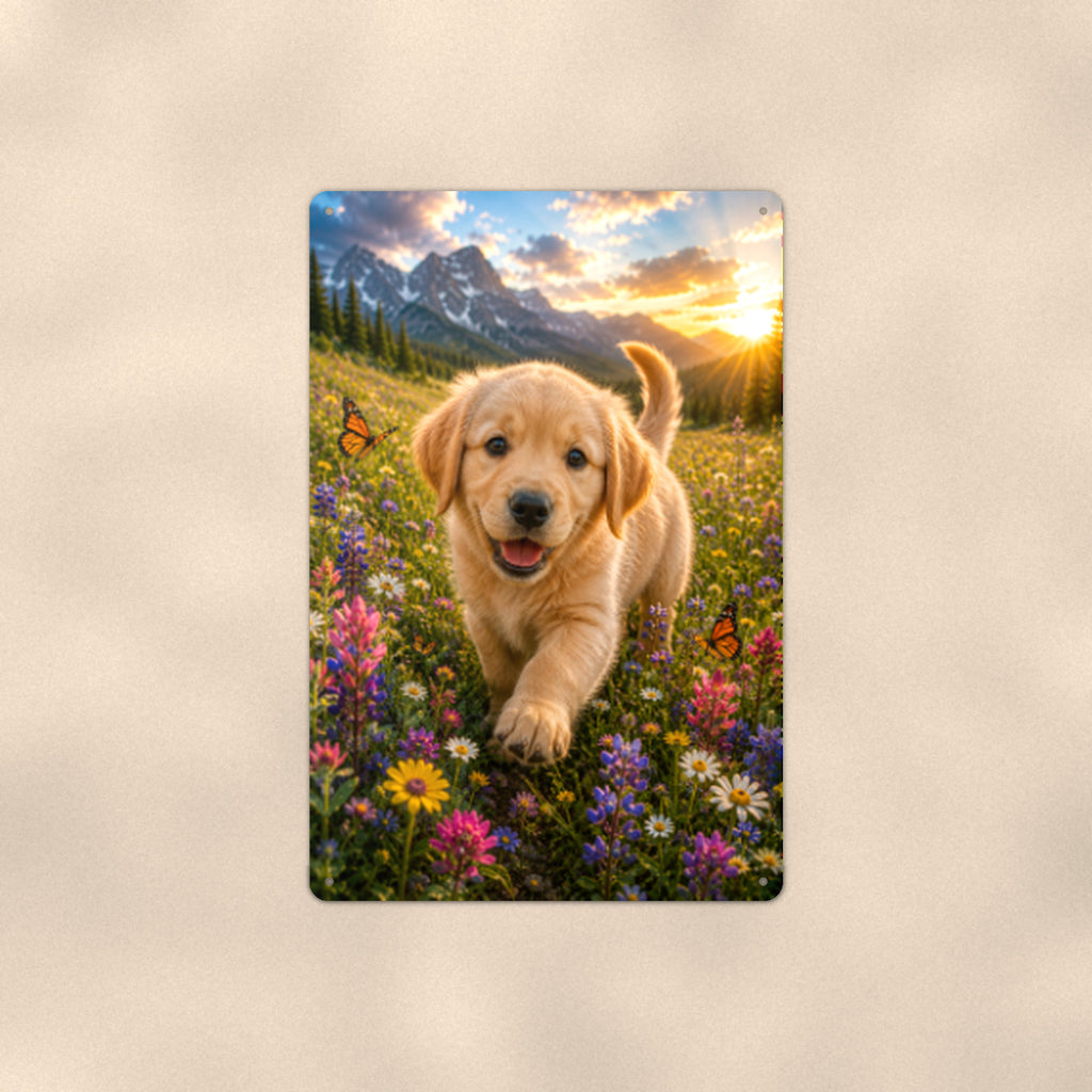 Golden Puppy in the Wildflowers aluminum metal sign 8" x 12" - front view on warm wall