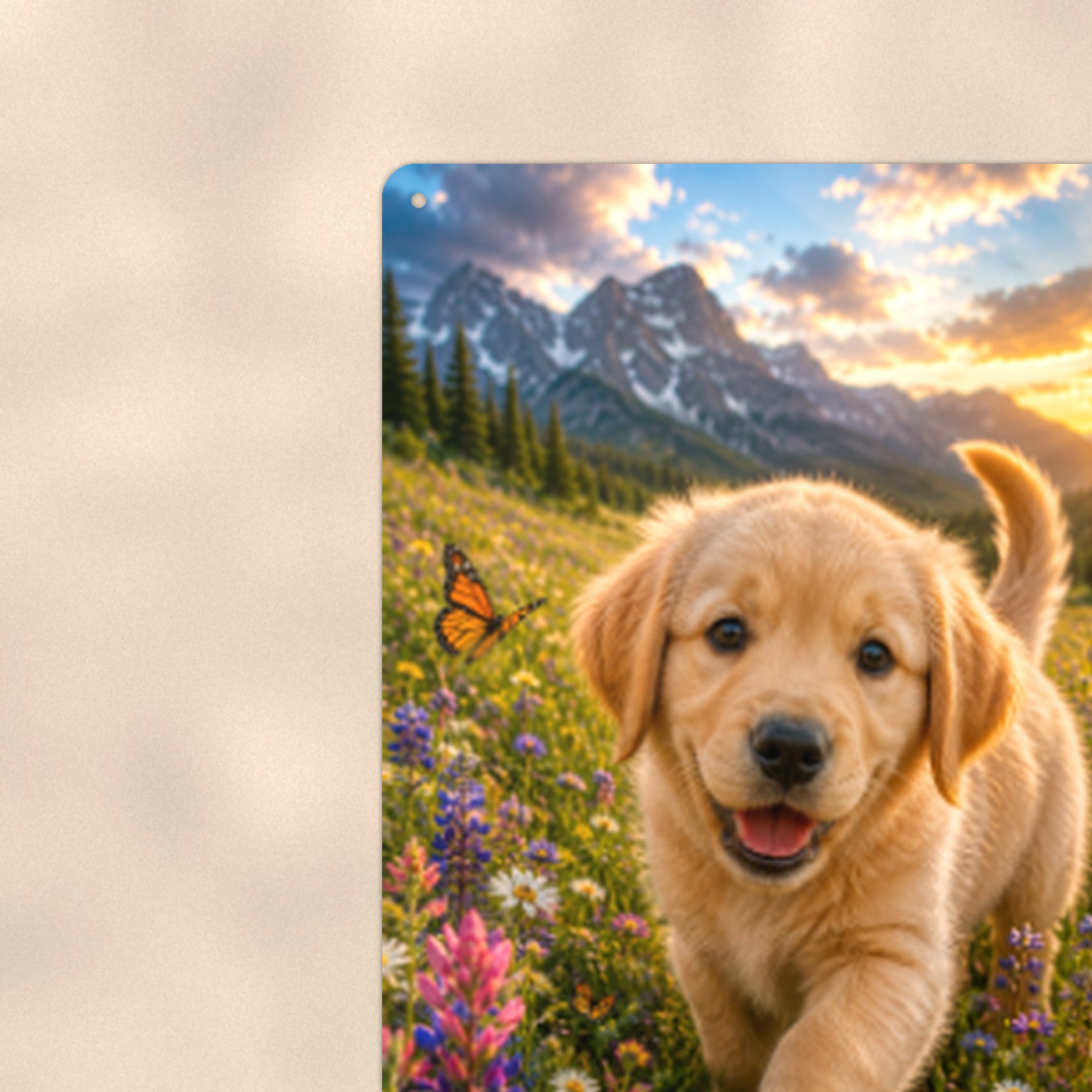 Golden Puppy in the Wildflowers aluminum metal sign 8" x 12" - close-up view of the printed artwork