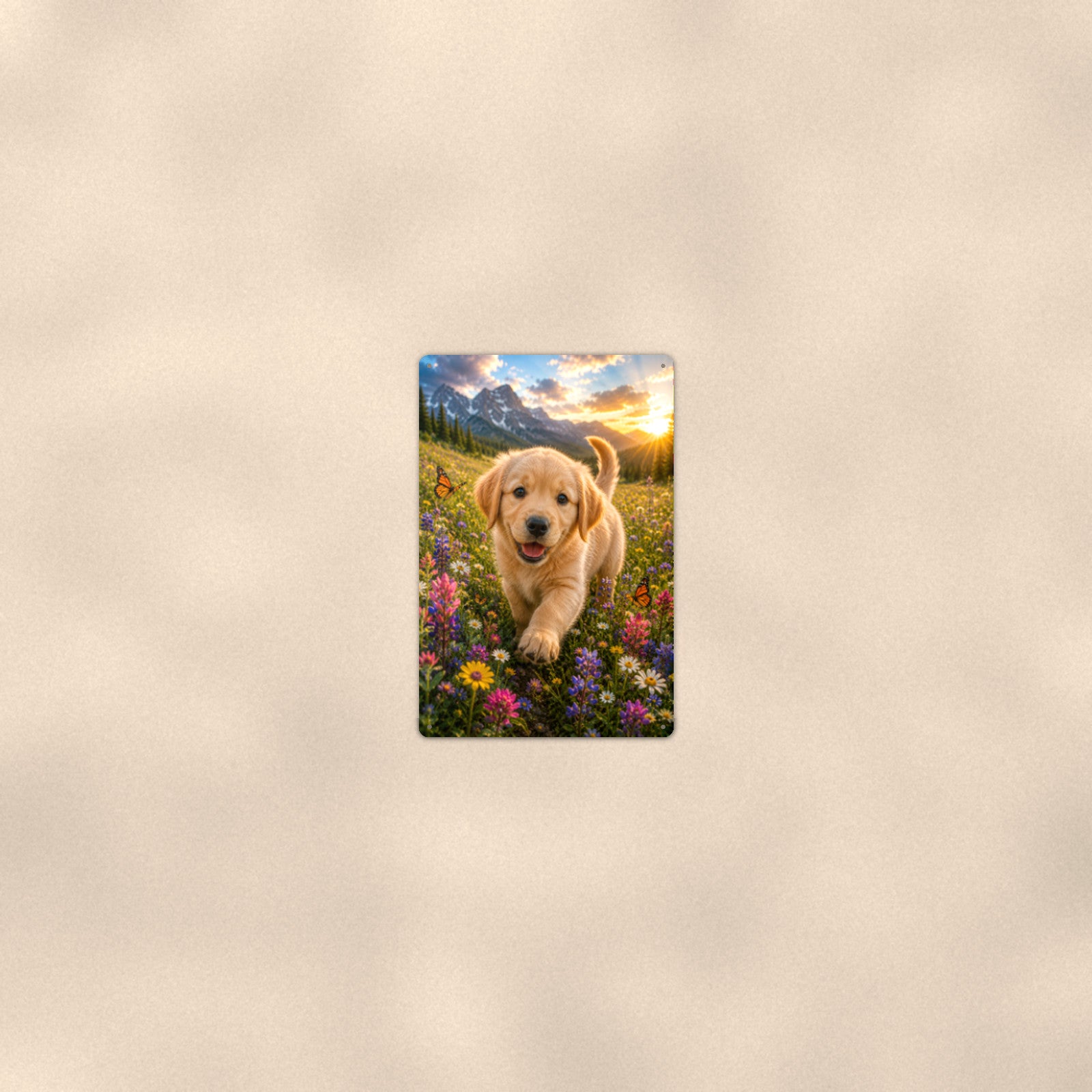Golden Puppy in the Wildflowers aluminum metal sign 8" x 12" - room view on warm wall