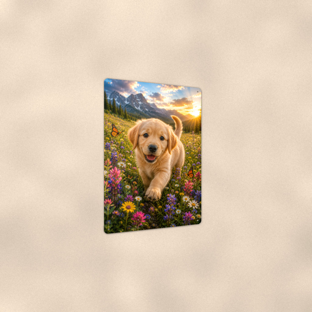 Golden Puppy in the Wildflowers aluminum metal sign 8" x 12" - angled view showing glossy finish