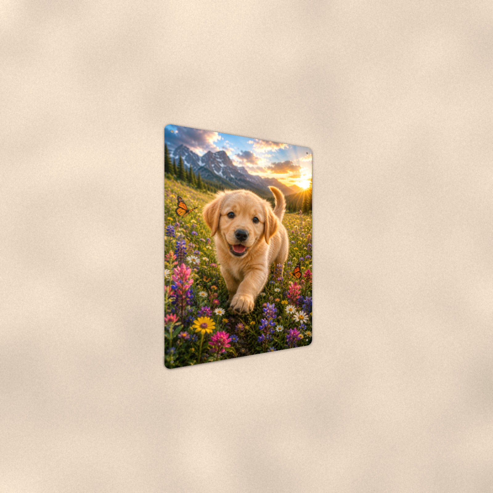 Golden Puppy in the Wildflowers aluminum metal sign 8" x 12" - angled wall view from a wider angle