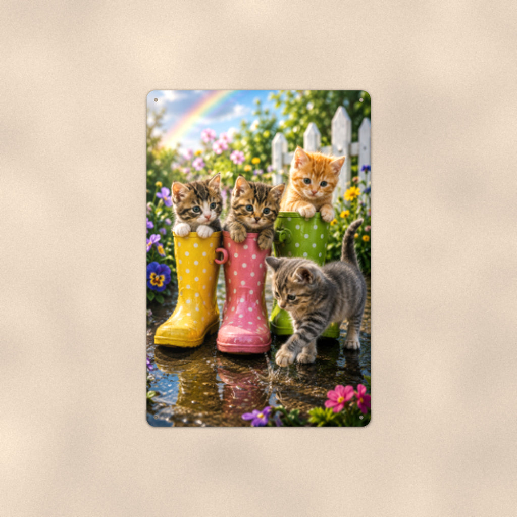 Kittens in Rain Boots aluminum metal sign 8" x 12" - front view on warm wall
