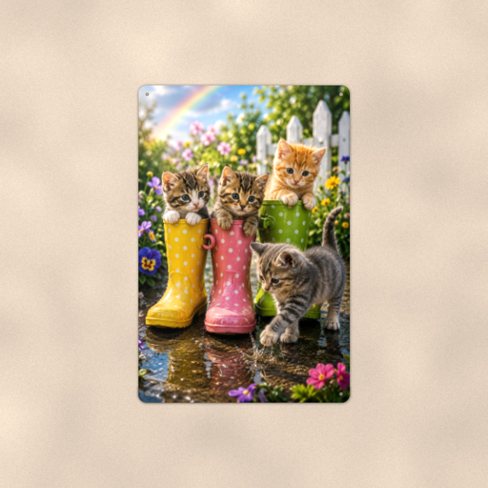 Kittens in Rain Boots aluminum metal sign 8" x 12" - front view on warm wall