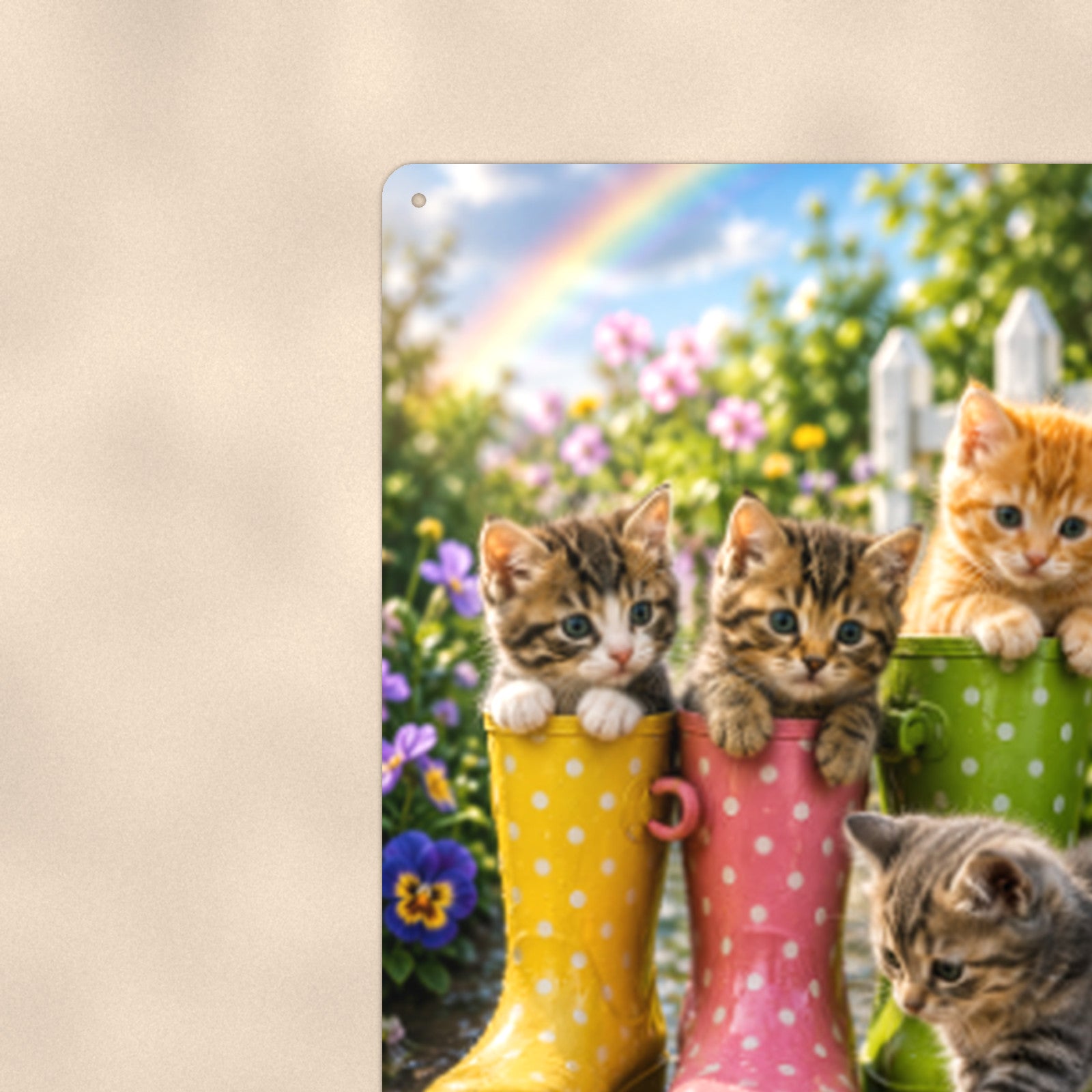 Kittens in Rain Boots aluminum metal sign 8" x 12" - close-up view of the printed artwork