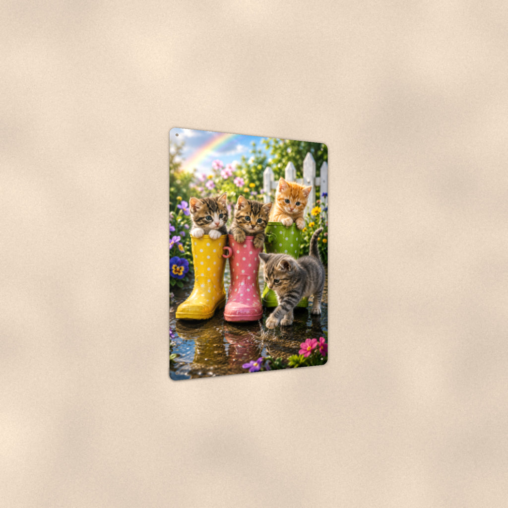 Kittens in Rain Boots aluminum metal sign 8" x 12" - angled view showing glossy finish