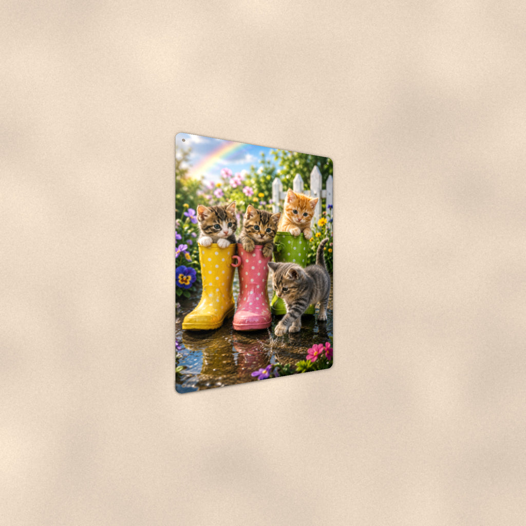 Kittens in Rain Boots aluminum metal sign 8" x 12" - angled wall view from a wider angle