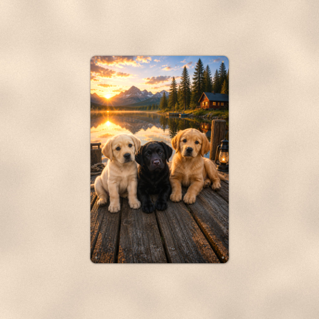 Puppy Trio on the Dock aluminum metal sign 8" x 12" - front view on warm wall