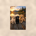 Puppy Trio on the Dock aluminum metal sign 8" x 12" - front view on warm wall