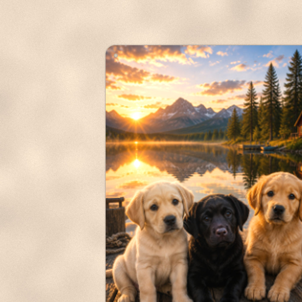 Puppy Trio on the Dock aluminum metal sign 8" x 12" - close-up view of the printed artwork