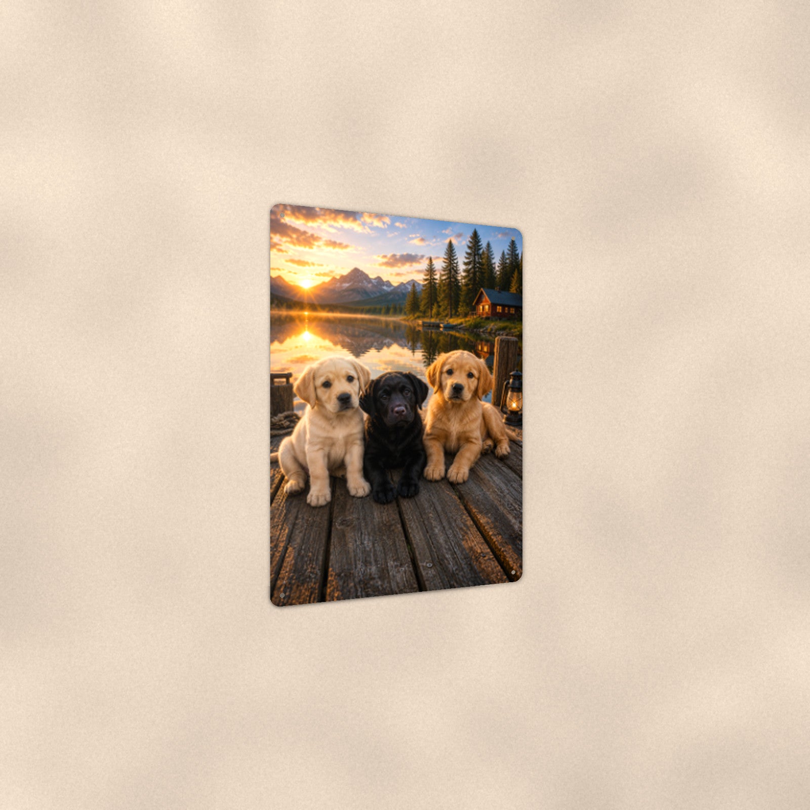 Puppy Trio on the Dock aluminum metal sign 8" x 12" - angled view showing glossy finish
