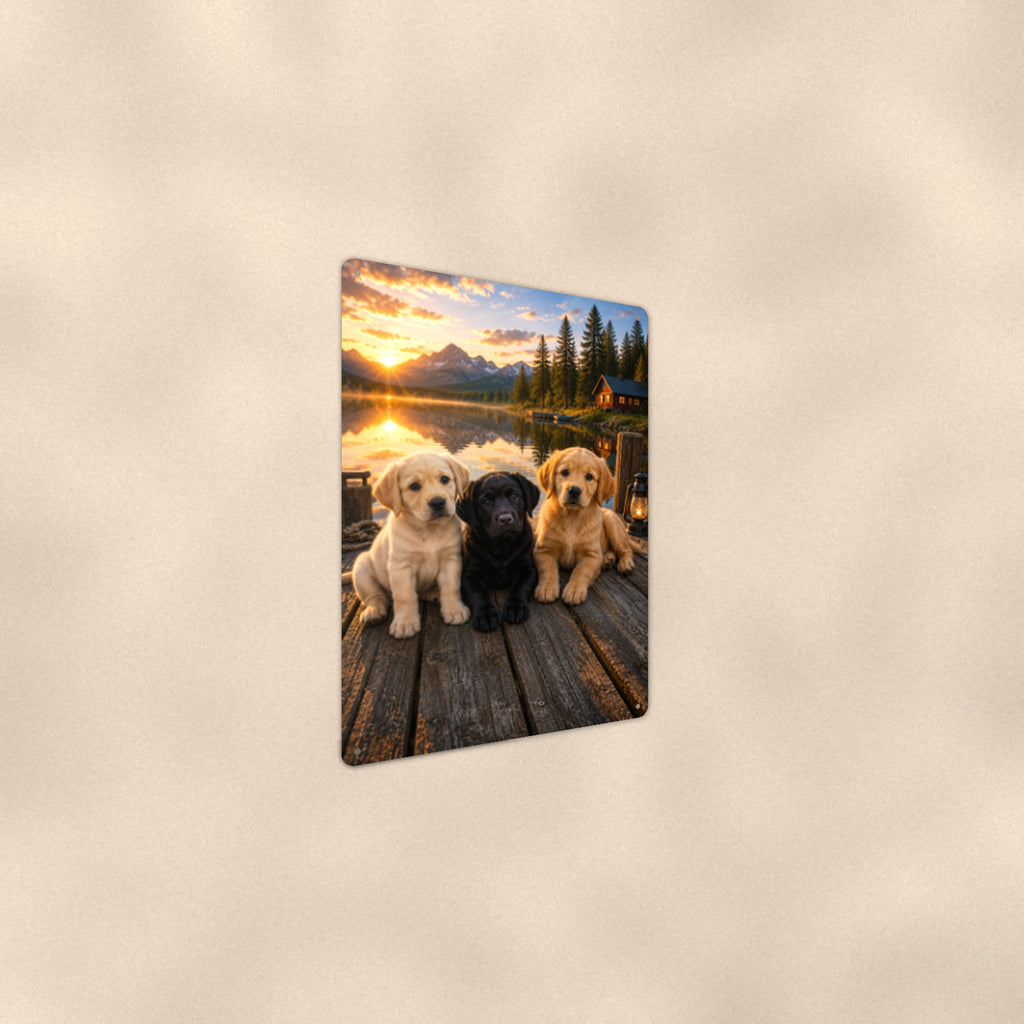 Puppy Trio on the Dock aluminum metal sign 8" x 12" - angled wall view from a wider angle