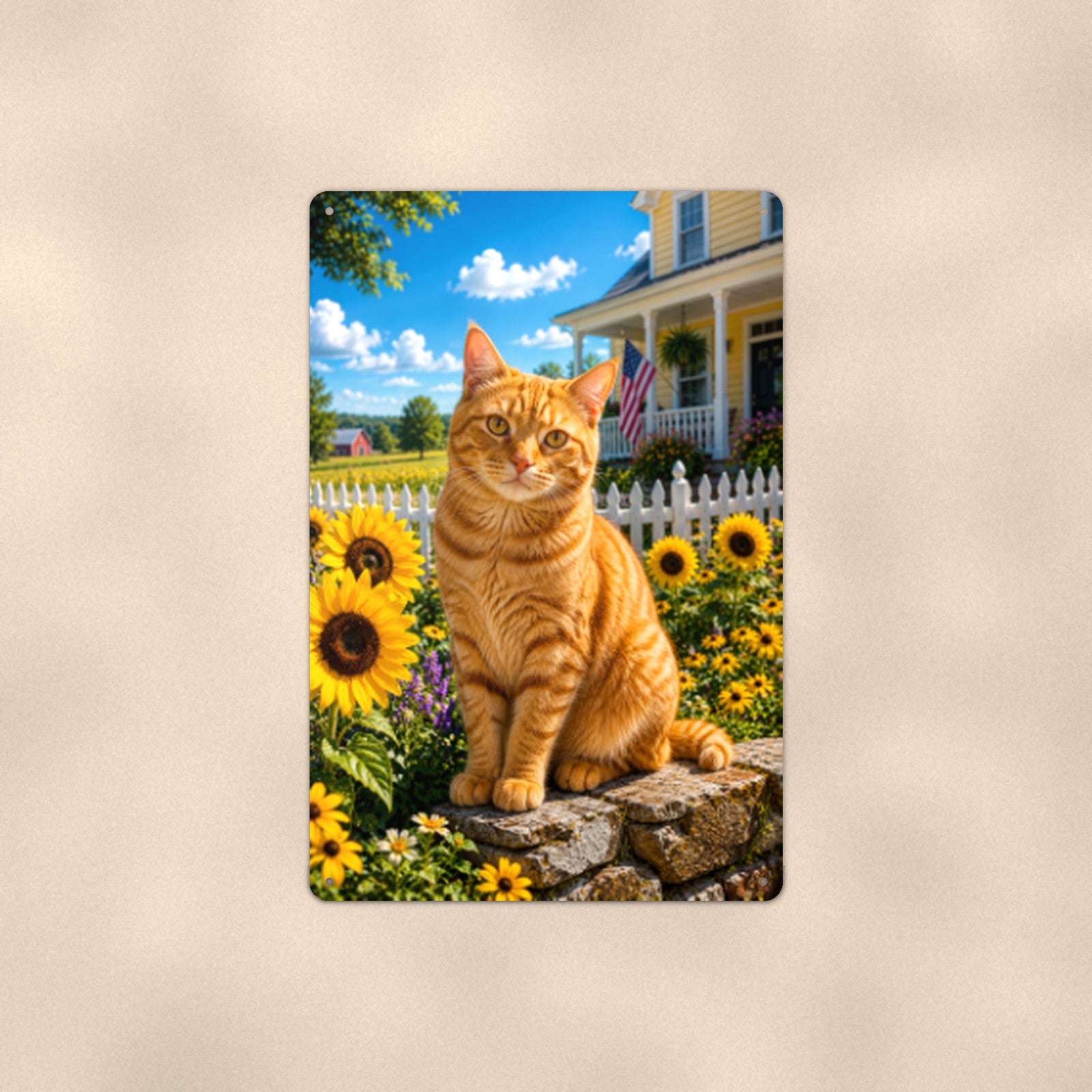 Orange Tabby in the Sunflowers aluminum metal sign 8" x 12" - front view on warm wall