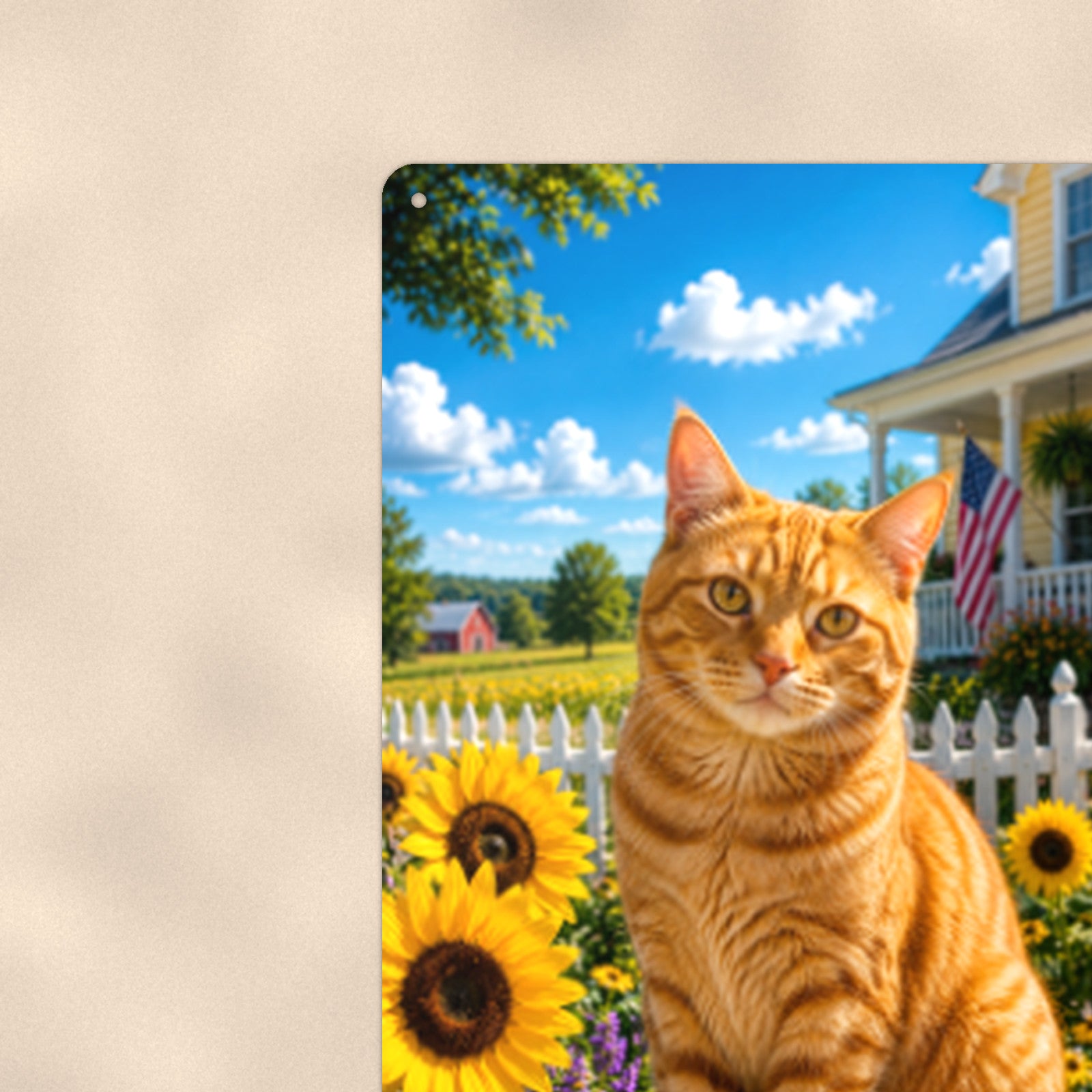 Orange Tabby in the Sunflowers aluminum metal sign 8" x 12" - close-up view of the printed artwork