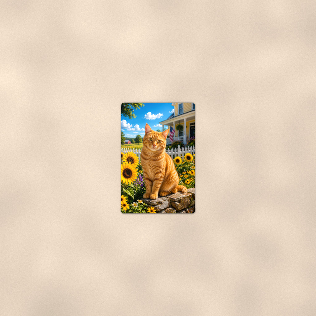 Orange Tabby in the Sunflowers aluminum metal sign 8" x 12" - room view on warm wall