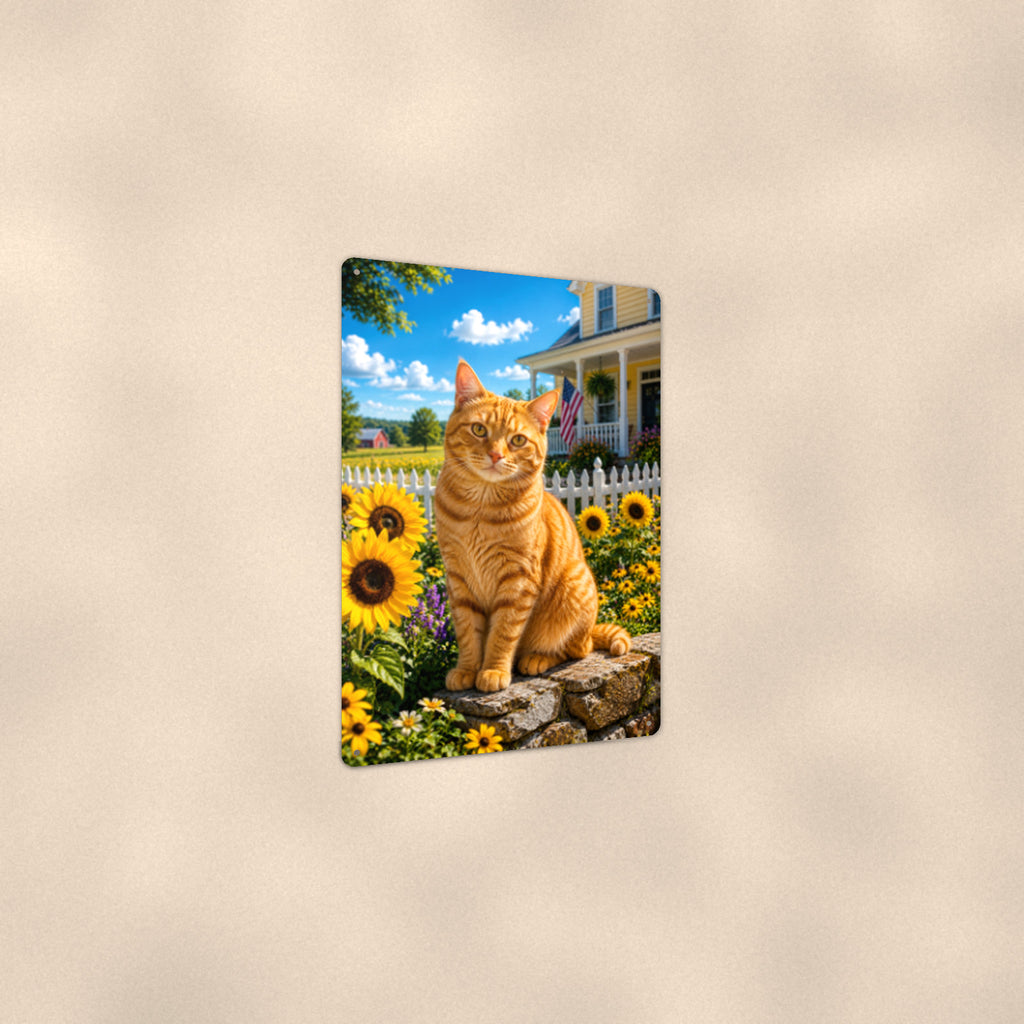 Orange Tabby in the Sunflowers aluminum metal sign 8" x 12" - angled view showing glossy finish