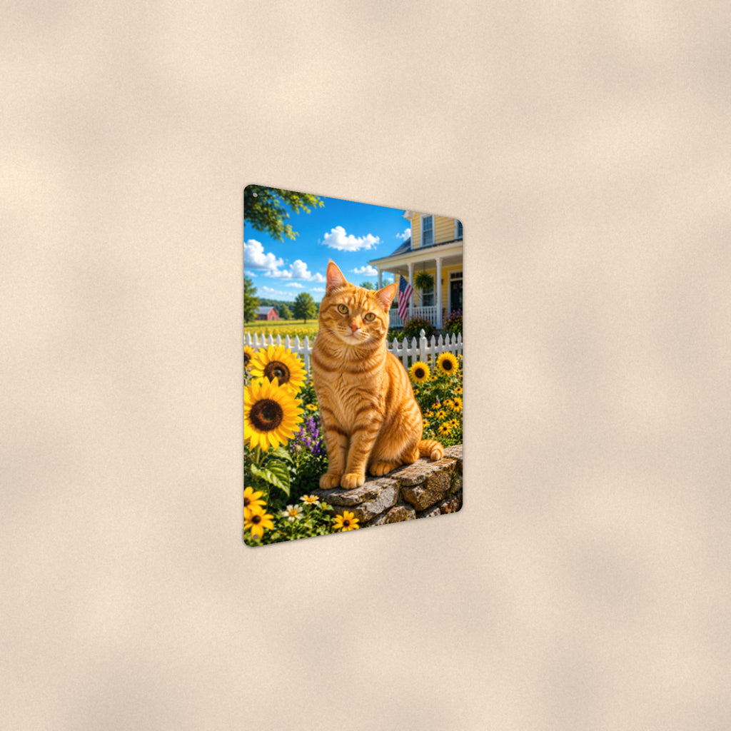 Orange Tabby in the Sunflowers aluminum metal sign 8" x 12" - angled wall view from a wider angle