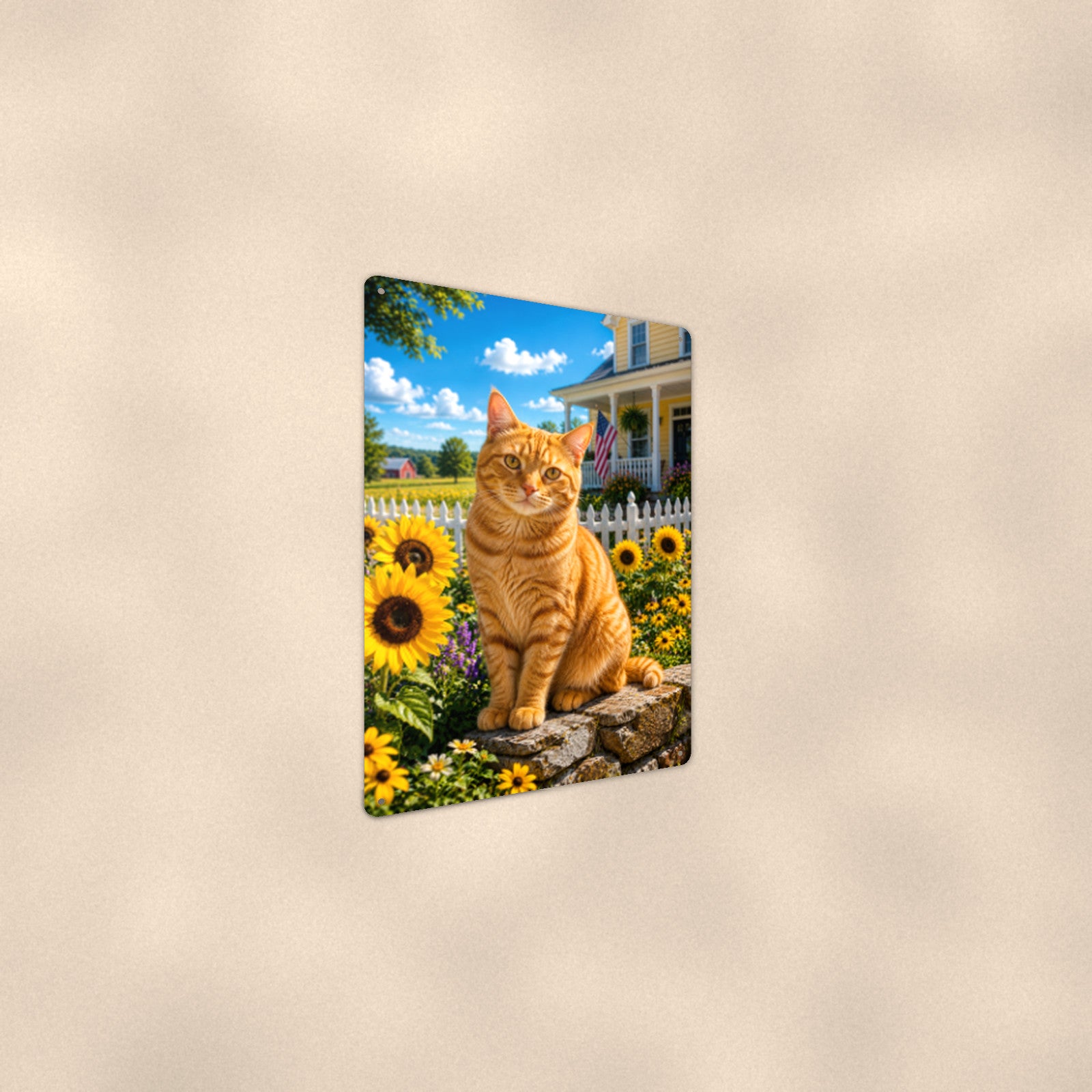 Orange Tabby in the Sunflowers aluminum metal sign 8" x 12" - angled wall view from a wider angle