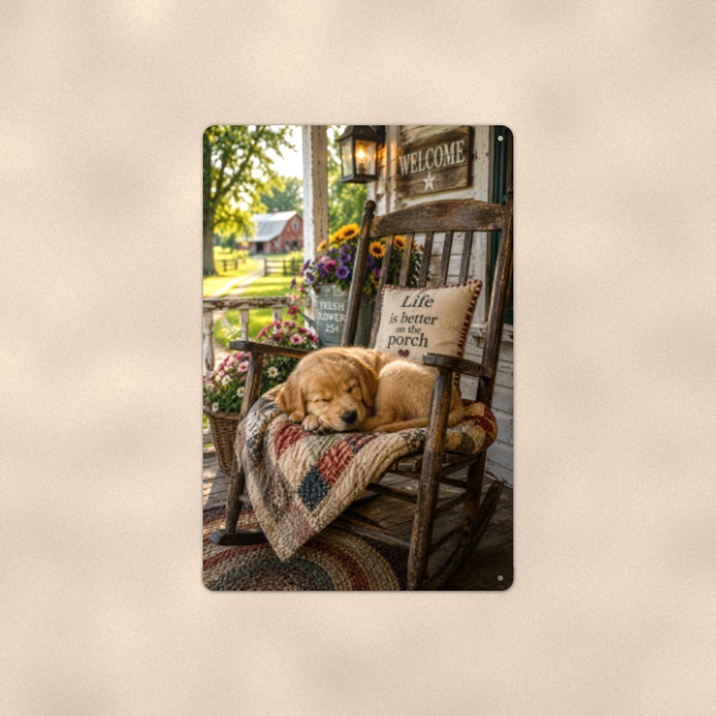 Puppy Napping in the Rocking Chair aluminum metal sign 8" x 12" - front view on warm wall