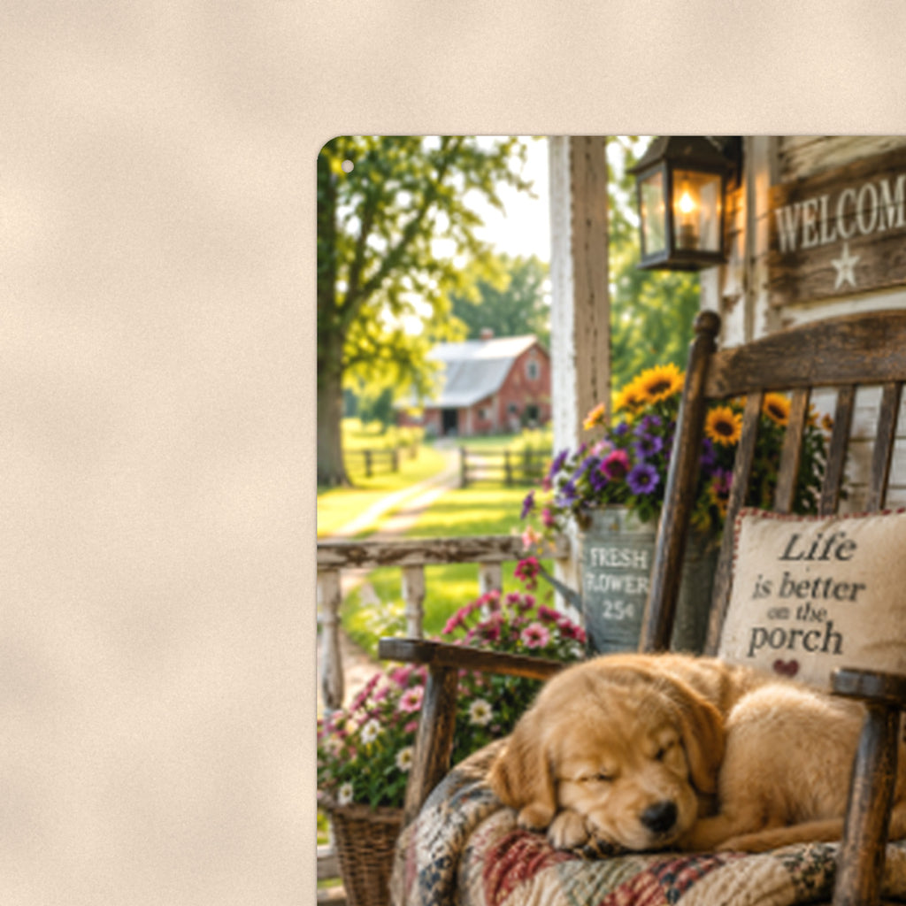 Puppy Napping in the Rocking Chair aluminum metal sign 8" x 12" - close-up view of the printed artwork