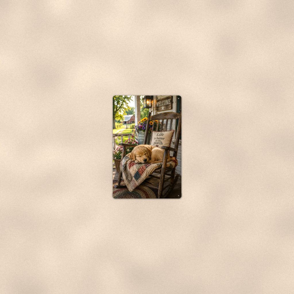 Puppy Napping in the Rocking Chair aluminum metal sign 8" x 12" - room view on warm wall