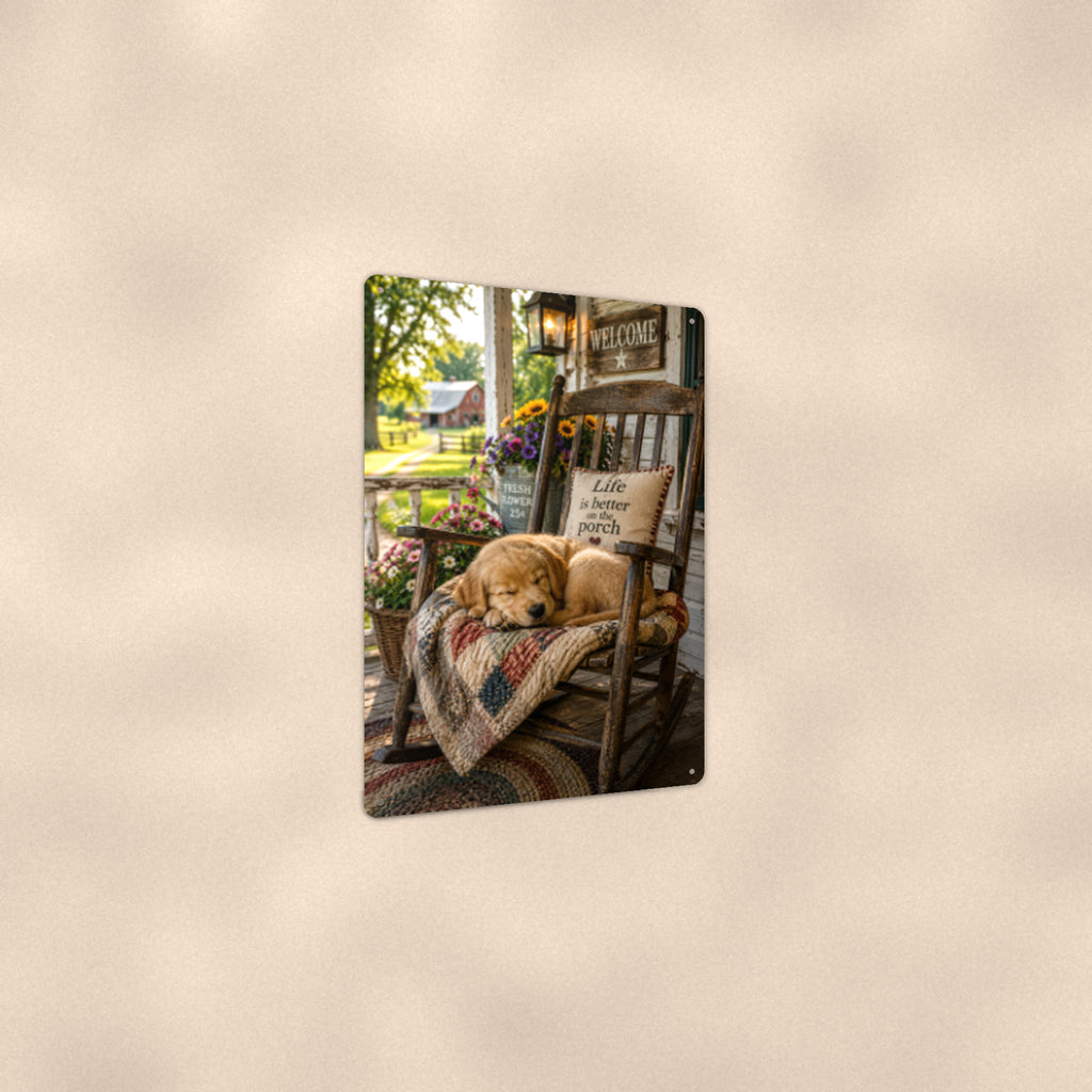 Puppy Napping in the Rocking Chair aluminum metal sign 8" x 12" - angled view showing glossy finish