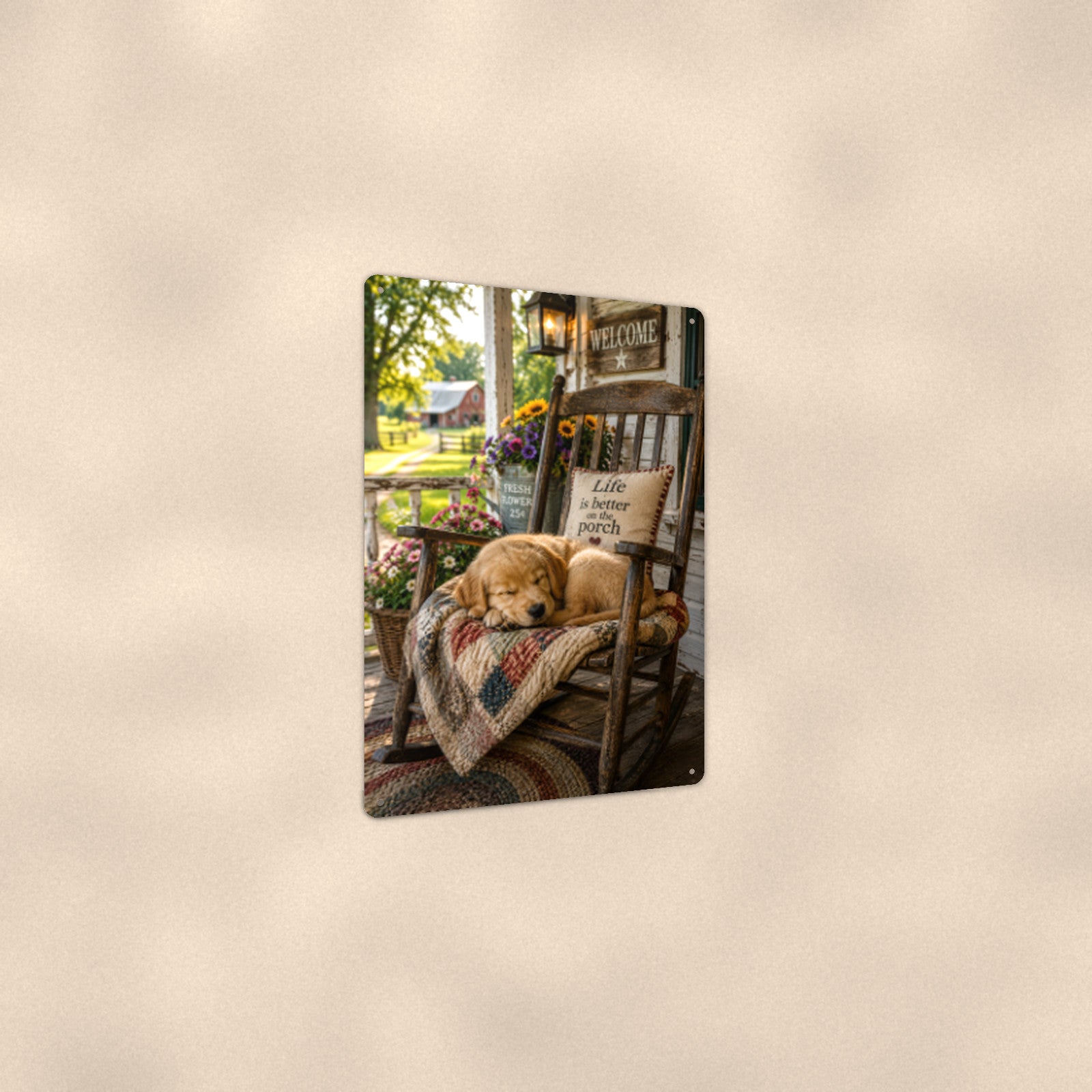 Puppy Napping in the Rocking Chair aluminum metal sign 8" x 12" - angled view showing glossy finish