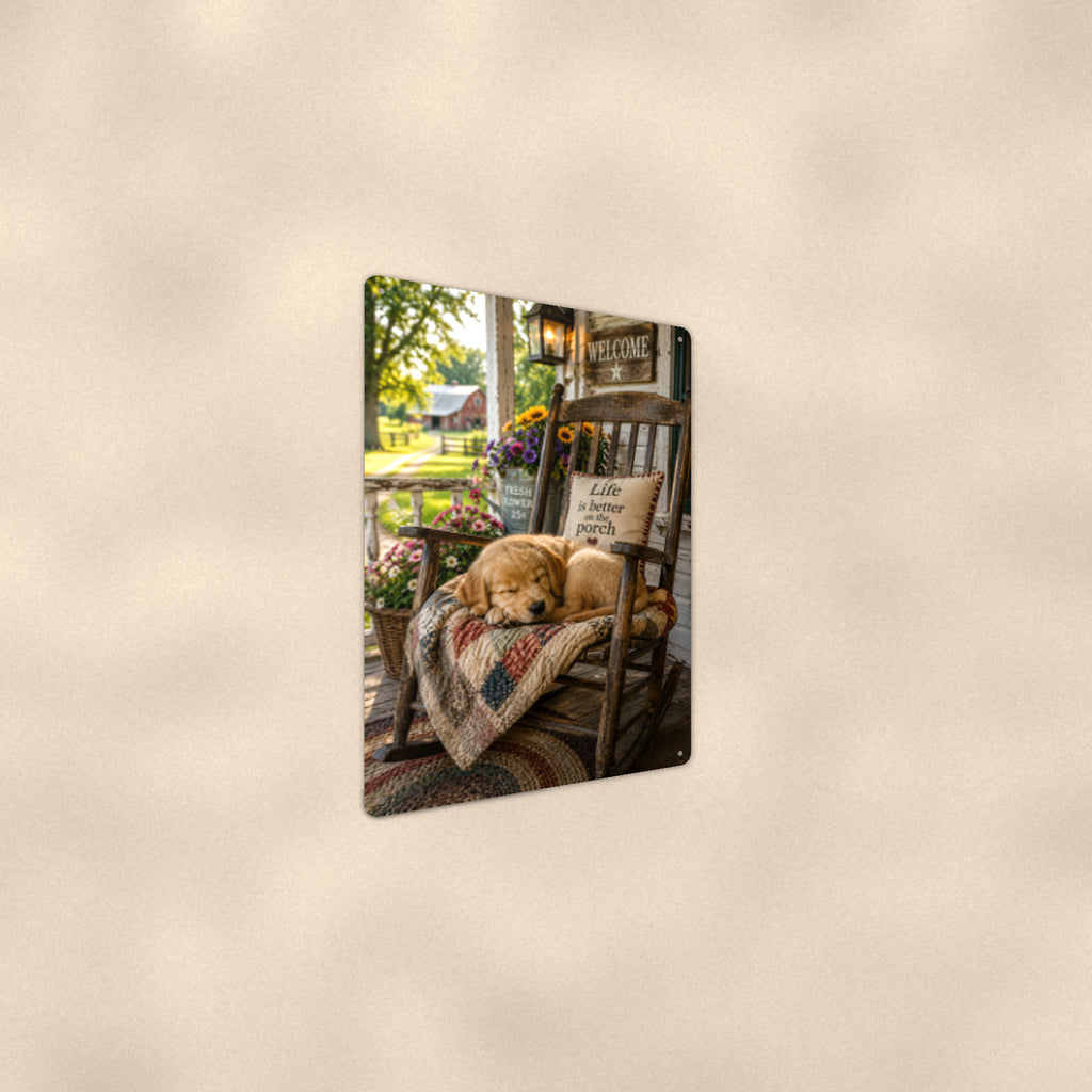 Puppy Napping in the Rocking Chair aluminum metal sign 8" x 12" - angled wall view from a wider angle