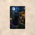 Black Cat Full Moon Porch aluminum metal sign 8" x 12" - front view on warm wall