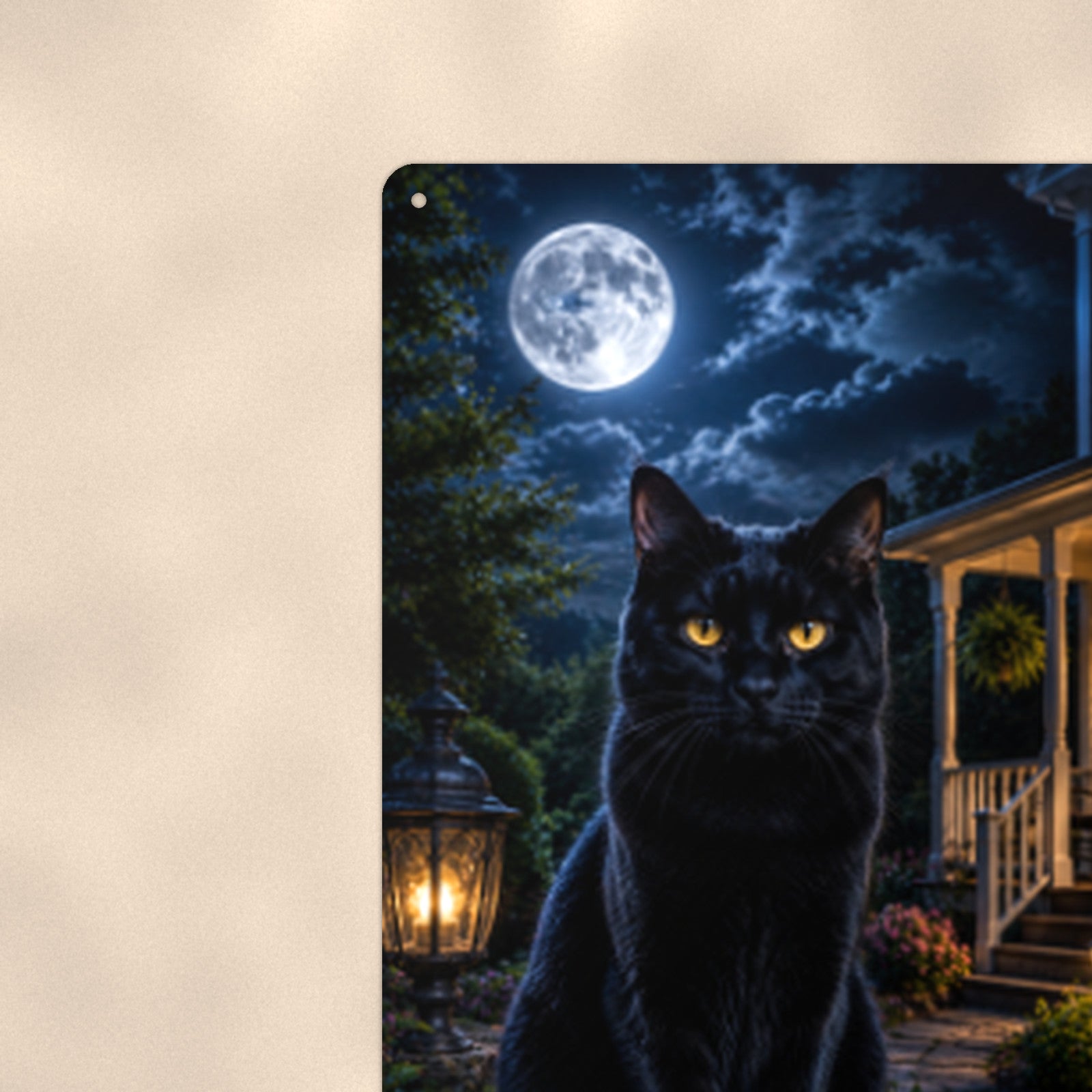 Black Cat Full Moon Porch aluminum metal sign 8" x 12" - close-up view of the printed artwork