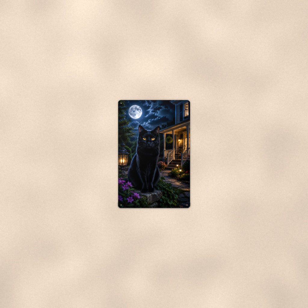Black Cat Full Moon Porch aluminum metal sign 8" x 12" - room view on warm wall