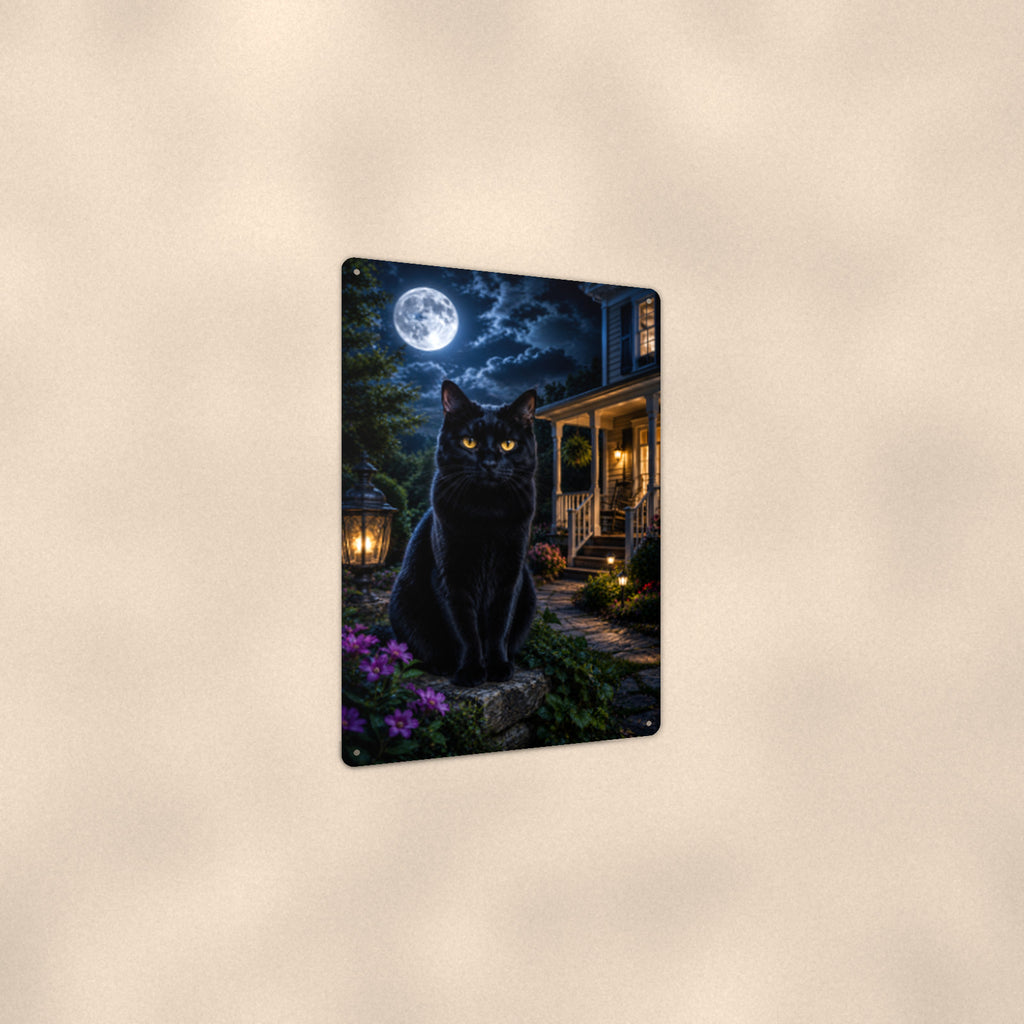 Black Cat Full Moon Porch aluminum metal sign 8" x 12" - angled view showing glossy finish