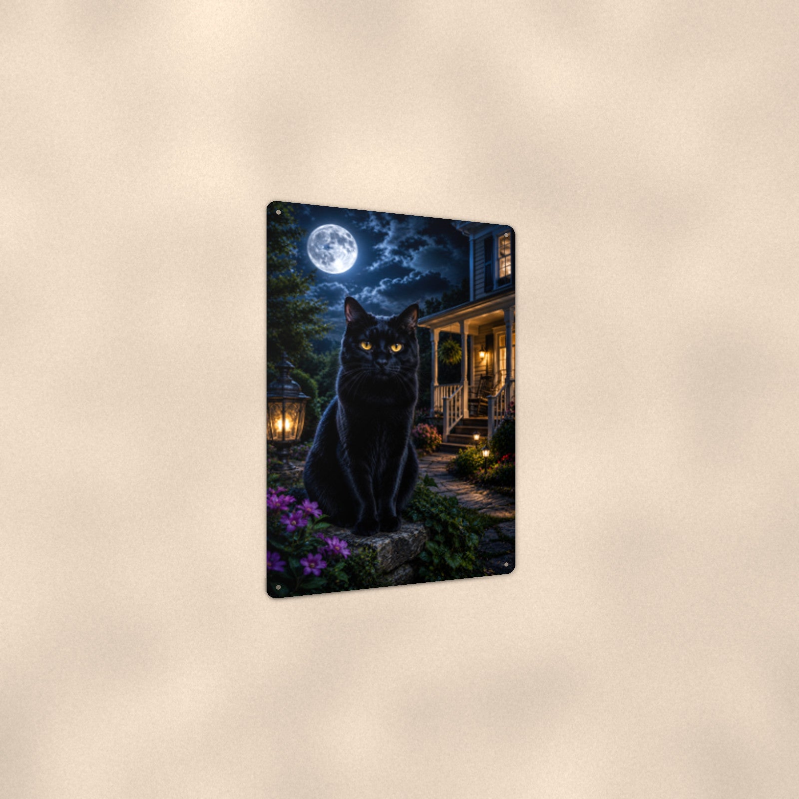 Black Cat Full Moon Porch aluminum metal sign 8" x 12" - angled view showing glossy finish